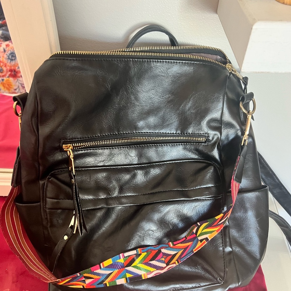 Black Leather Backpack with Colorful Strap
